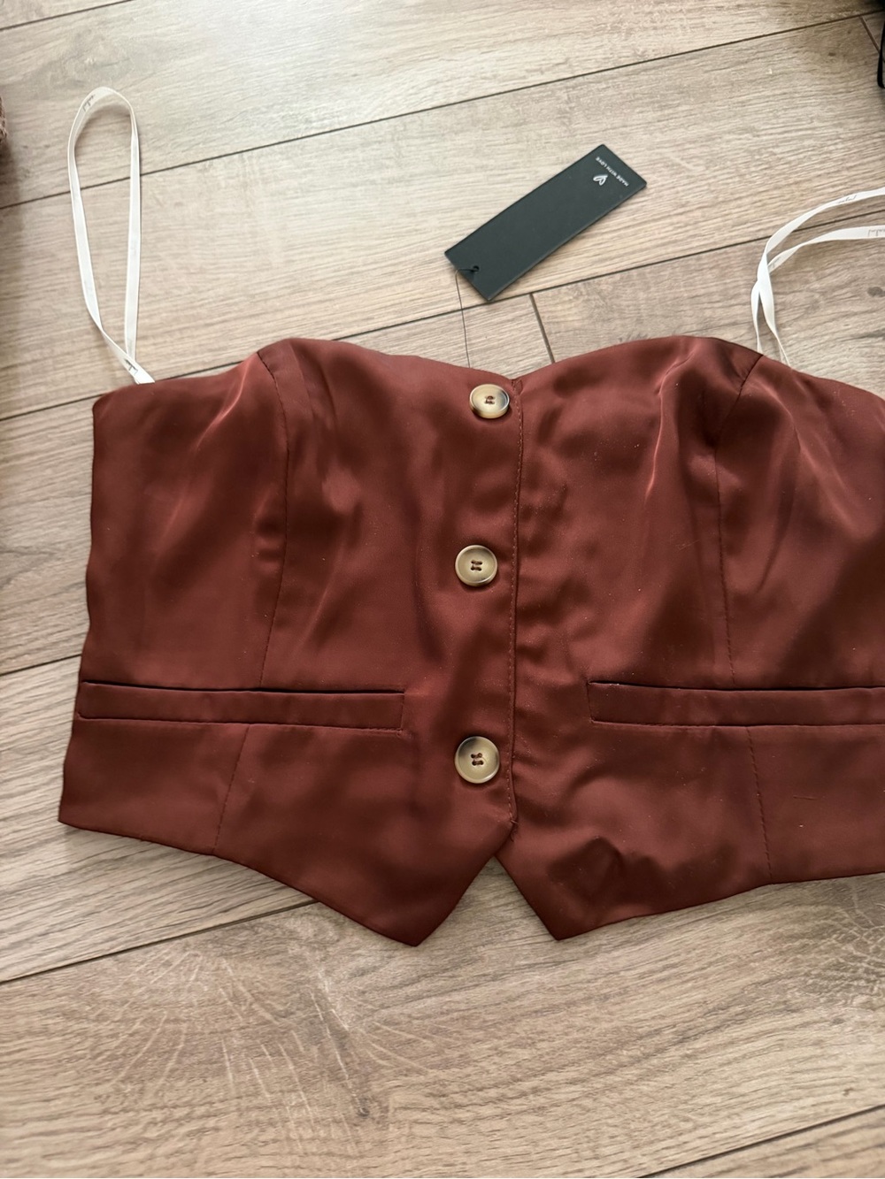 Button-Front Satin Crop Top in Rust Brown